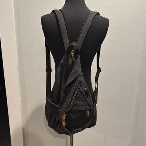 Black and Brown Denim Backpack with Leather Accents